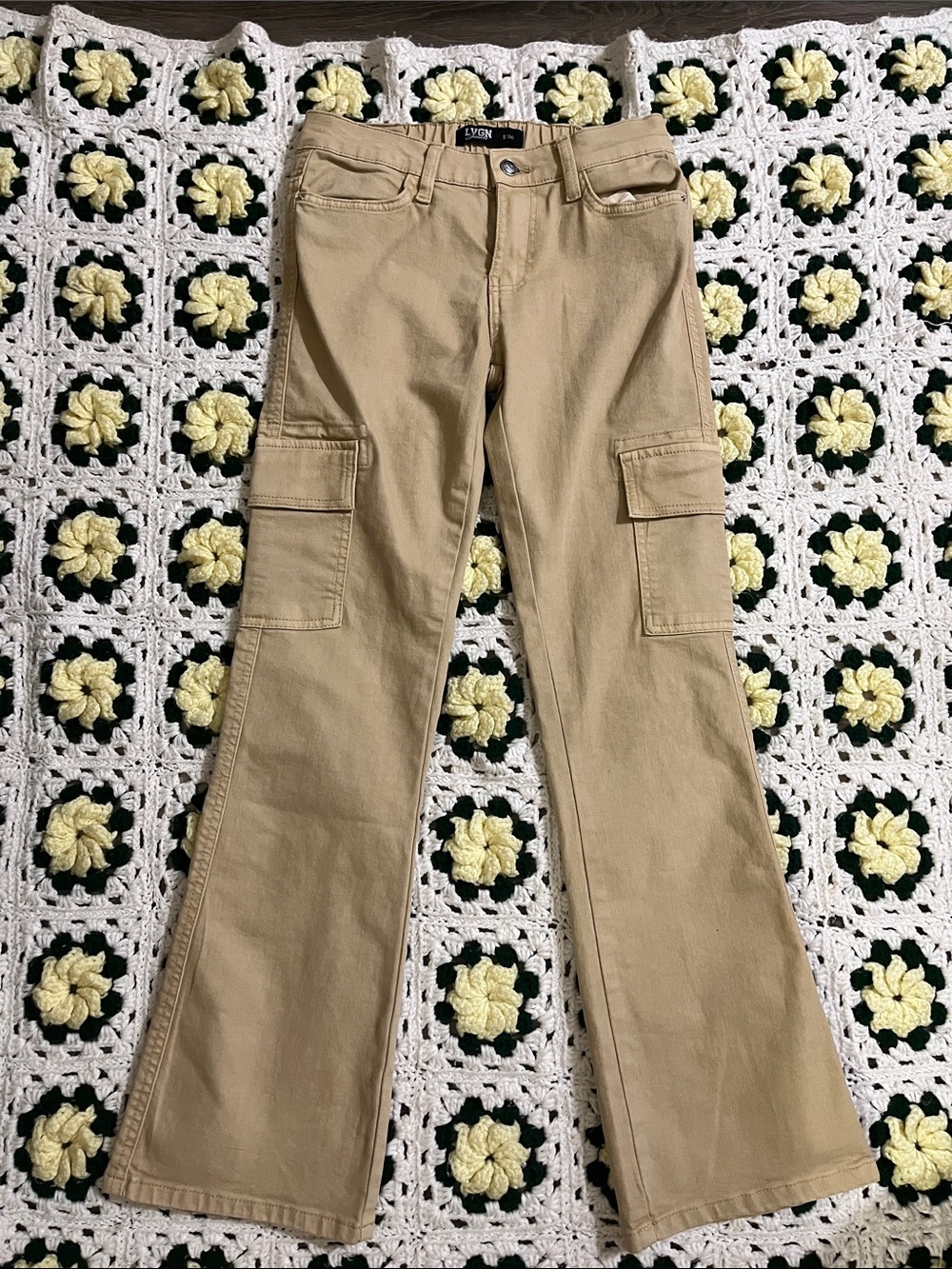 Mid-Rise Tan Cargo Flare Pants for Women
